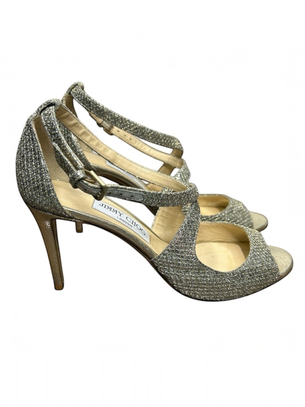 Jimmy Choo Emily Gold Glitter Strappy Heels Sandals Stiletto Formal Evening 39.5